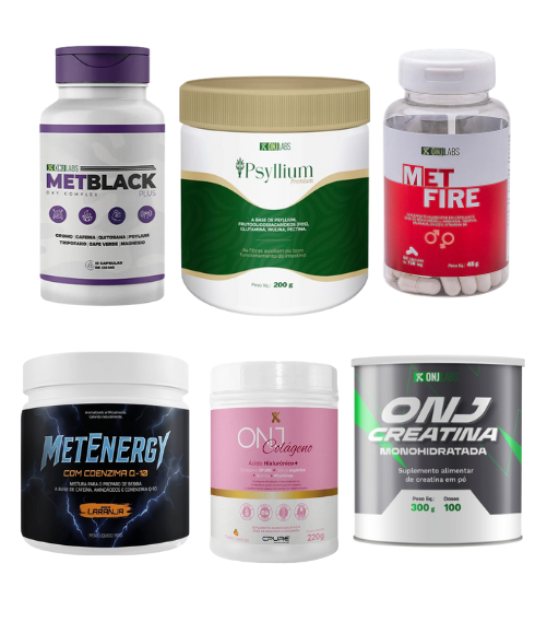 KIT ONJ - 6 EM 1 - METBLACK + METFIRE + METENERGY + COLÁGENO + PSYLLIUM + CREATINA 300g
