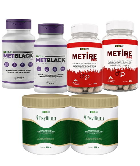 KIT SECA GORDURA 60 DIAS - 2 METBLACK + 2 PSYLLIUM FIBRAS + 2 METFIRE PRO