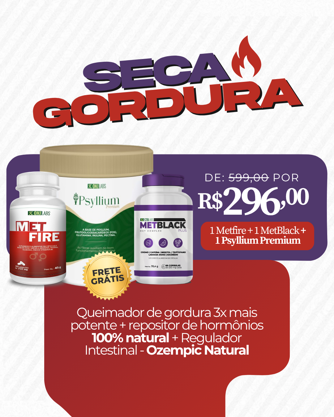KIT SECA GORDURA - 30 DIAS - 1 METBLACK + 1 PSYLLIUM FIBRAS + 1 METFIRE