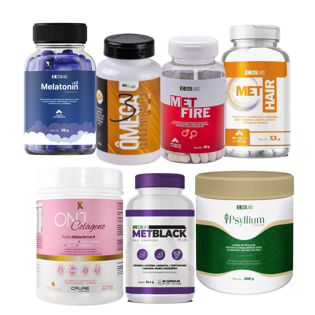 KIT ONJ - 1 METBLACK + 1 METFIRE + 1 COLÁGENO + 1 PSYLLIUM + 1 METHAIR + + 1 MELATONIN + 1 ÔMEGA 3