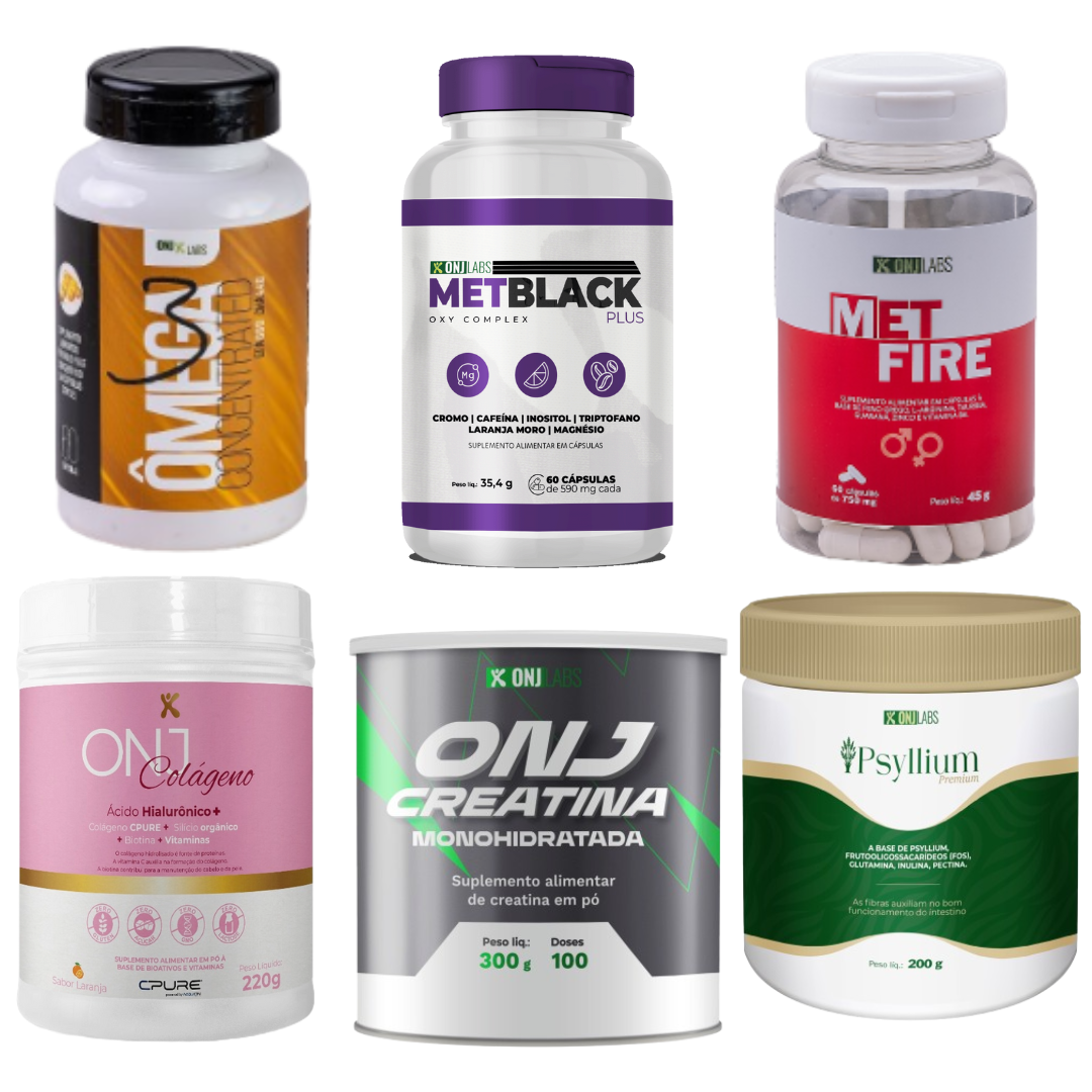 KIT ONJ 6 EM 1 - METBLACK + METFIRE + COLÁGENO + PSYLLIUM + CREATINA + ÔMEGA 3
